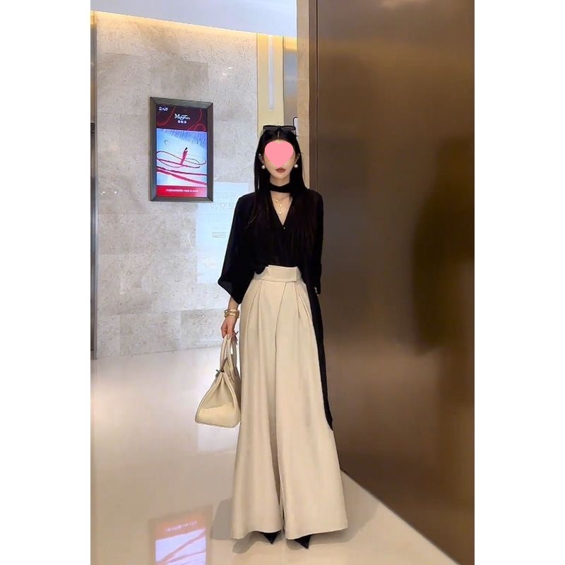 韩系感休闲套装女春季新款飘带衬衫垂感阔腿裤两件套女装|undefined