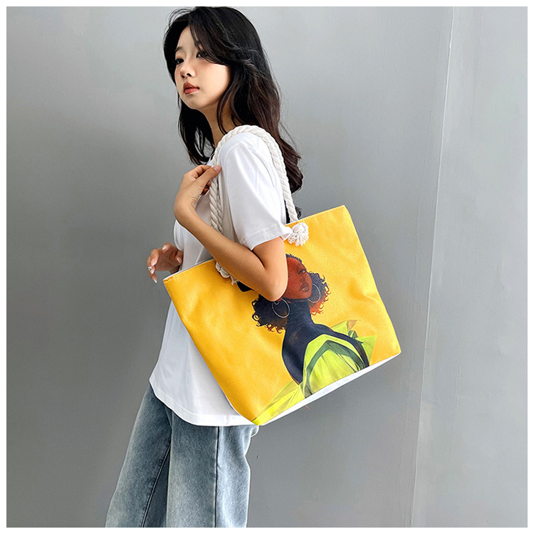 New cross-border tote bag, versatile women's portable shopping bag, creative women's printed aesthetic thick rope beach bag undefined