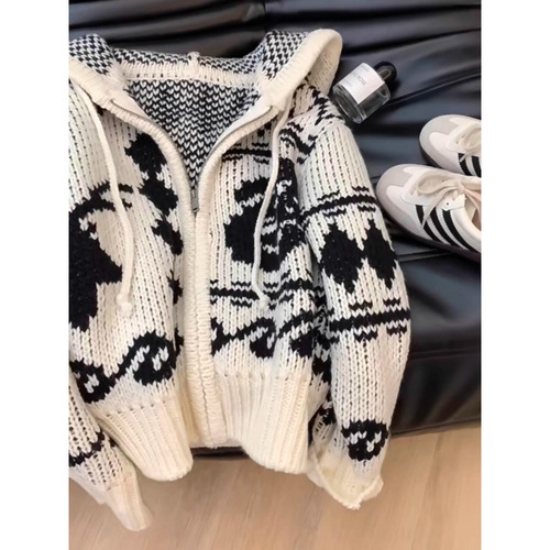 Japanese-style lazy retro Fair Isle hooded sweater jacket for women, autumn and winter, thick work, coarse needle zipper knit sweater