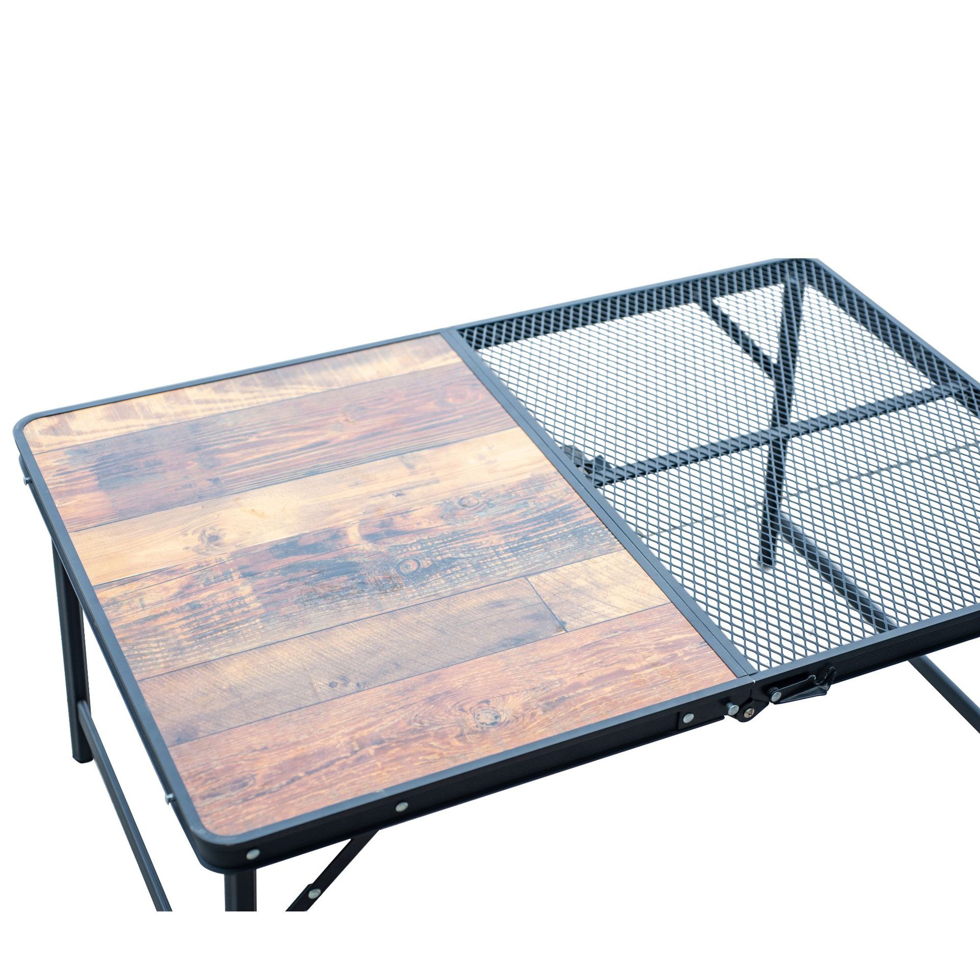 Mesa de grano de madera de malla medio plegable portátil al aire libre Picnic fiesta de campamento barbacoa camping mesa plegable de aleación de aluminio