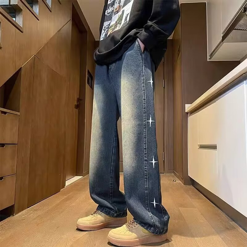 Men's Jeans 2025 Autumn New Straight Loose Wide-Leg Pants Star Embroidery Men's Summer Versatile Long Pants