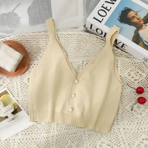  new versatile short three-button ice silk solid color vest for women spring and summer low-necked knitted halter top