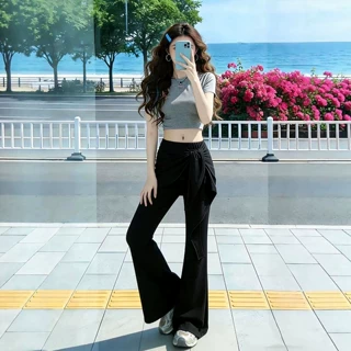 高腰系带微喇叭休闲裤女2026新款显瘦垂感拖地阔腿裤辣妹风黑色灰