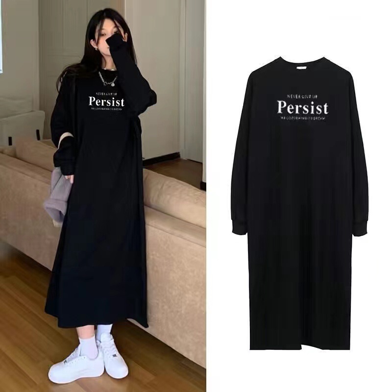 Autumn and Winter dress plus size Loose Base Mid-length Hip Long-sleeved T-shirt Women's Printed Letter Split Top Clothes