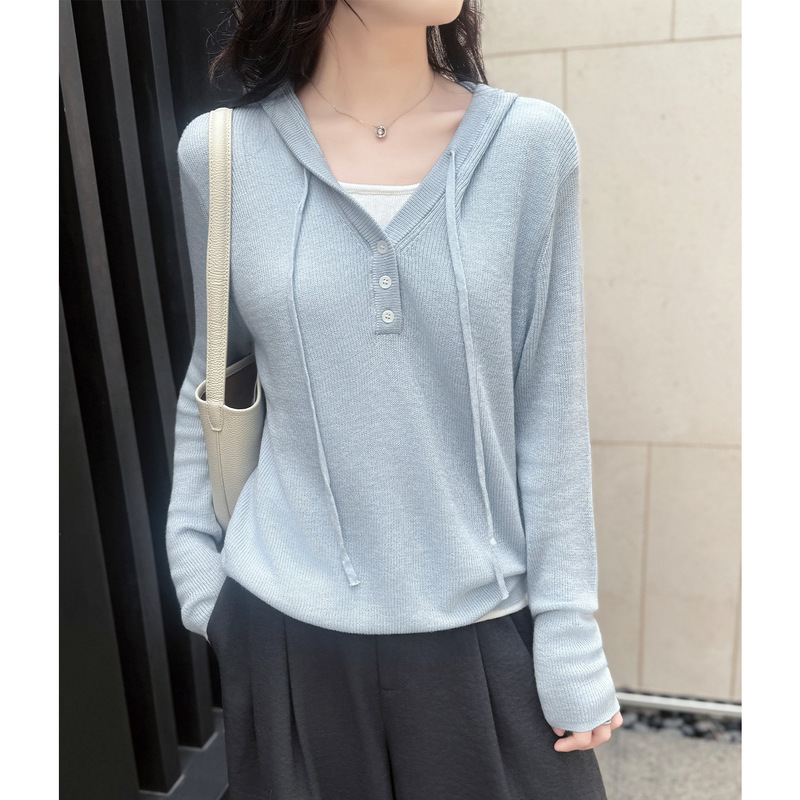 Real Shot of Blue Faux Two-Piece Knit Sweater for Women, 2026 New Early Autumn Chic Unique Top with Hood, Thin Base Layer