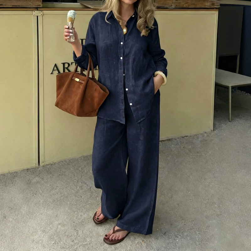2026 Foreign Trade Simple Linen Two-Piece Set with a Turn-Down Collar Long-Sleeve Shirt and Straight Wide-Leg Pants Casual Urban Commuting Outfit 2026 Foreign Trade Simple Linen Two-Piece Set with a Turn-Down Collar Long-Sleeve Shirt and Straight Wide-Leg Pants Casual Urban Commuting Outfit