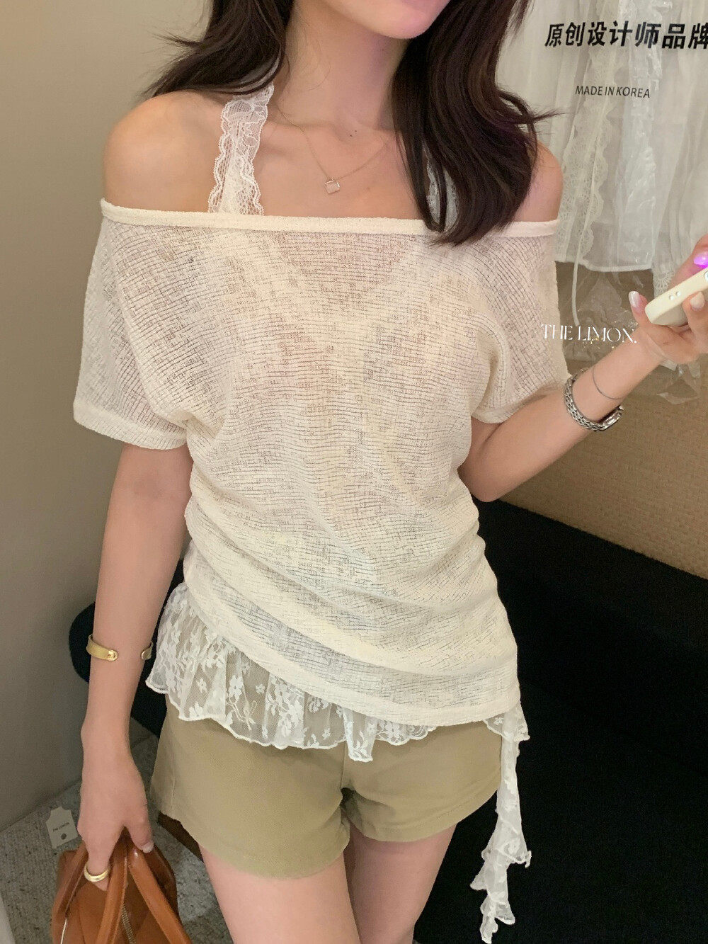 Bộ áo khoác chống nắng lệch vai kết hợp áo hai dây ren cổ yếm nữ tính mùa hè — màu mơ chi tiết 25