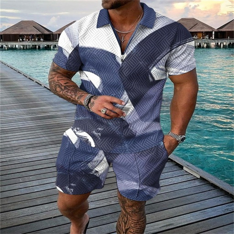 2025 Europe and the United States cross-border new men's 3DPOLO shirt suit lapel short sleeve pullover casual men's suit