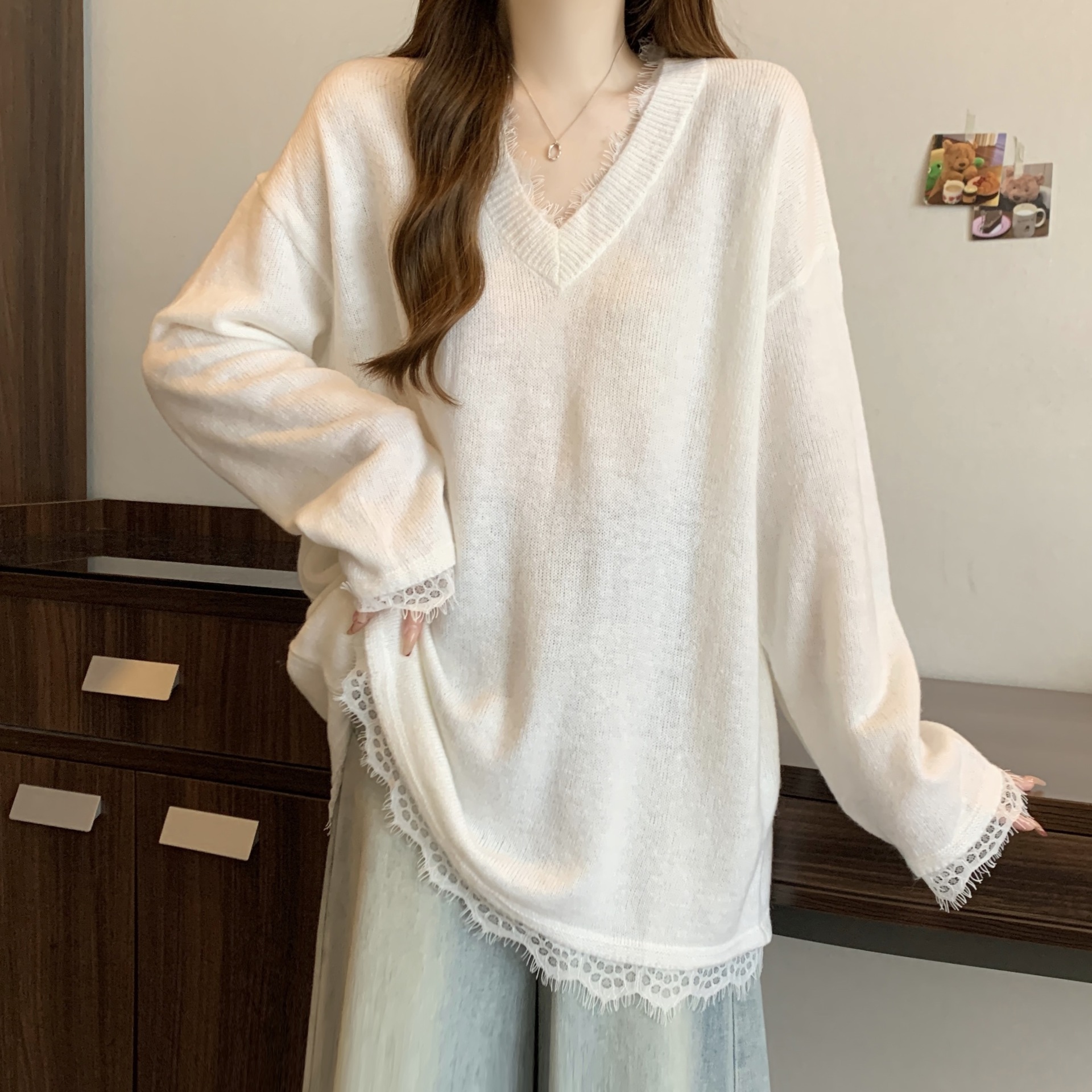 진짜 샷 플러스 사이즈 통통녀 간단한 솔리드 컬러 레이스 V-NECK 느슨한 육체 커버 슬림 스웨터 니트 스웨터 여성용