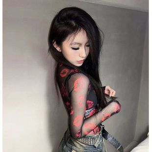 American-style Printed Mesh Long-sleeved T-shirt Women's Sunscreen Summer Korean-style Short Sexy Perspective Inner Sweet Spice Girl Top
