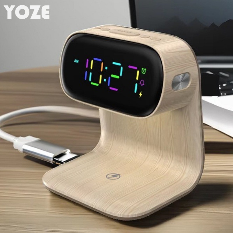 Creativa pantalla grande madera inalámbrica carga luz nocturna reloj escritorio simple cabecera despertador silencioso decoración del dormitorio luz de atmósfera