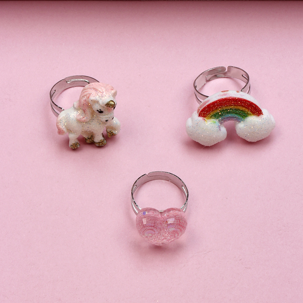 Cartoon Style Rainbow Heart Shape Unicorn Resin Handmade Rings