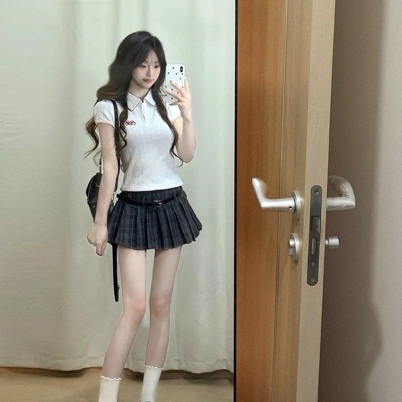 套装女2025夏季新款韩系学院风修身显瘦Polo领T恤上衣高腰半身裙|undefined