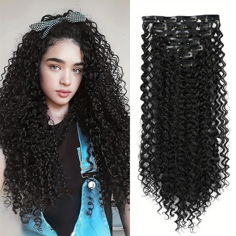 Foreign Trade Wig Hair Extensions 20inch Seven-Piece Set Small Curly Hair Extensions Long Curly Hair Natural and Fashionable Black Wig Patches