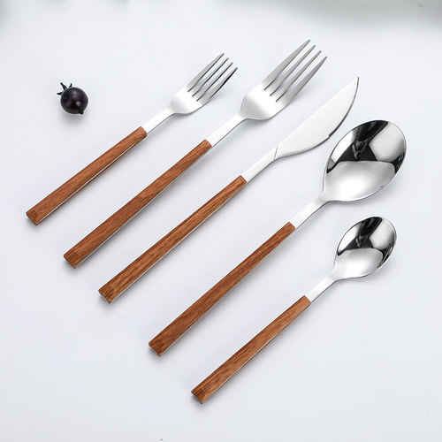 Ins Korean-style imitation wood-handled stainless steel knife, fork, and spoon set, Western steak knife and fork four-piece set with coffee spoon, gift set