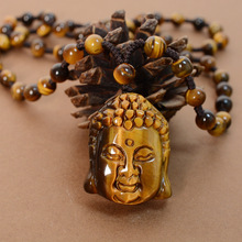 天然石虎眼石佛头吊坠珠子项链手工编织虎睛石释迦摩尼挂件批发