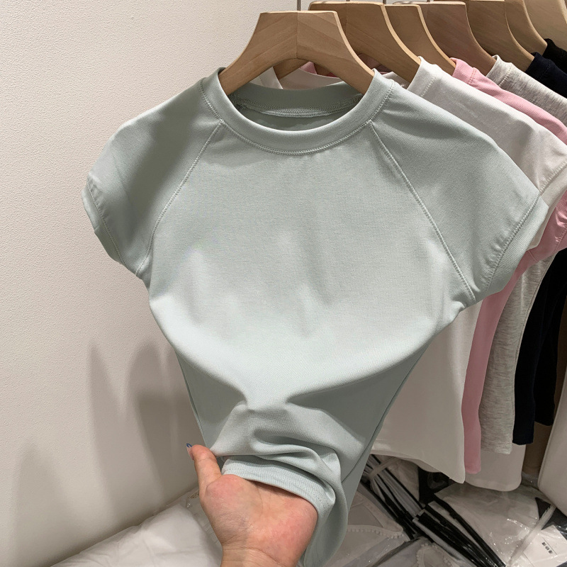 Affordable Women's Round Neck Right Shoulder Short-Sleeved T-Shirt for Women 2025 Summer New Style Slimming Look Inner Layering Shirt Short Style