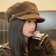 日系复古麂皮绒棕色平顶贝雷帽女气质大头围显脸小鸭舌画家帽子潮