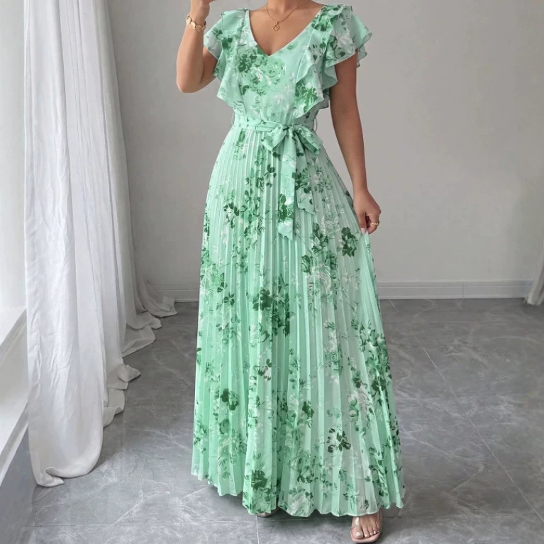 2026 Summer Floral Print Ruffle Sleeve V-Neck Long Dress European and American Style Elegant Romantic Pleated Dress 2026 Summer Floral Print Ruffle Sleeve V-Neck Long Dress European and American Style Elegant Romantic Pleated Dress