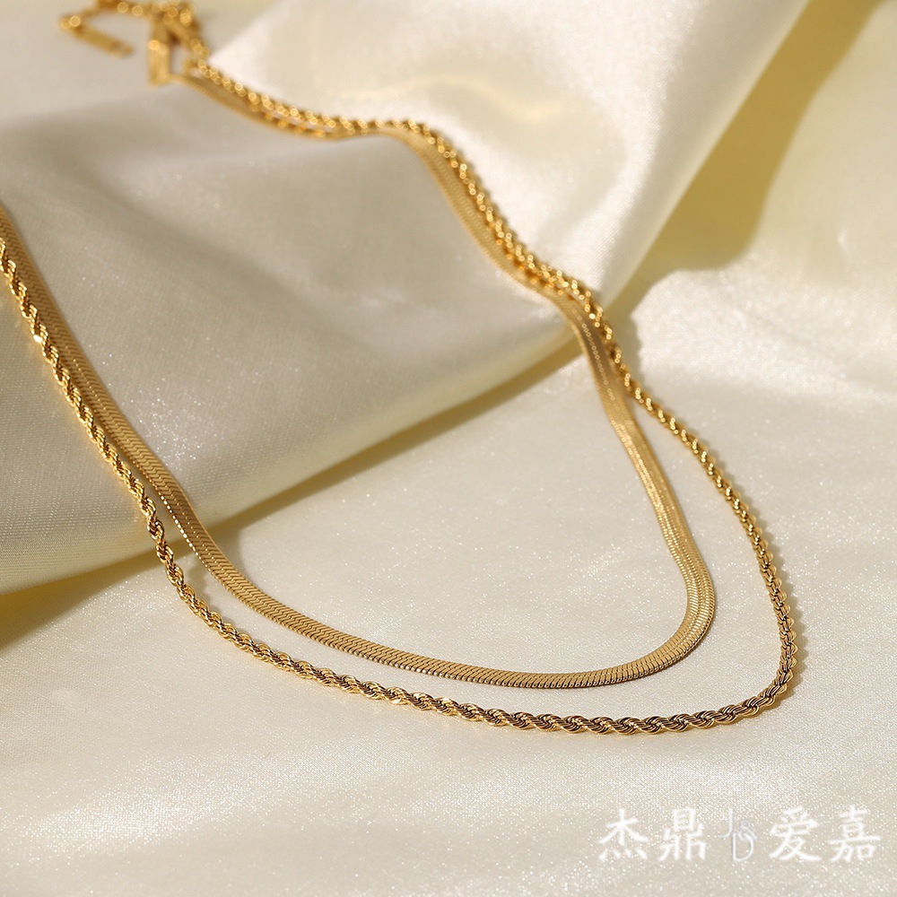 INS Style Classic Simple Necklace Jewelry 18K Gold Plated Blade Chain Flat Snake Chain Twist Chain Double Layer Necklace Necklace for Women