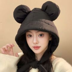 冬季保暖大头围风羽绒棉雷锋帽子女冷淡风防寒护耳绑带骑行包头帽