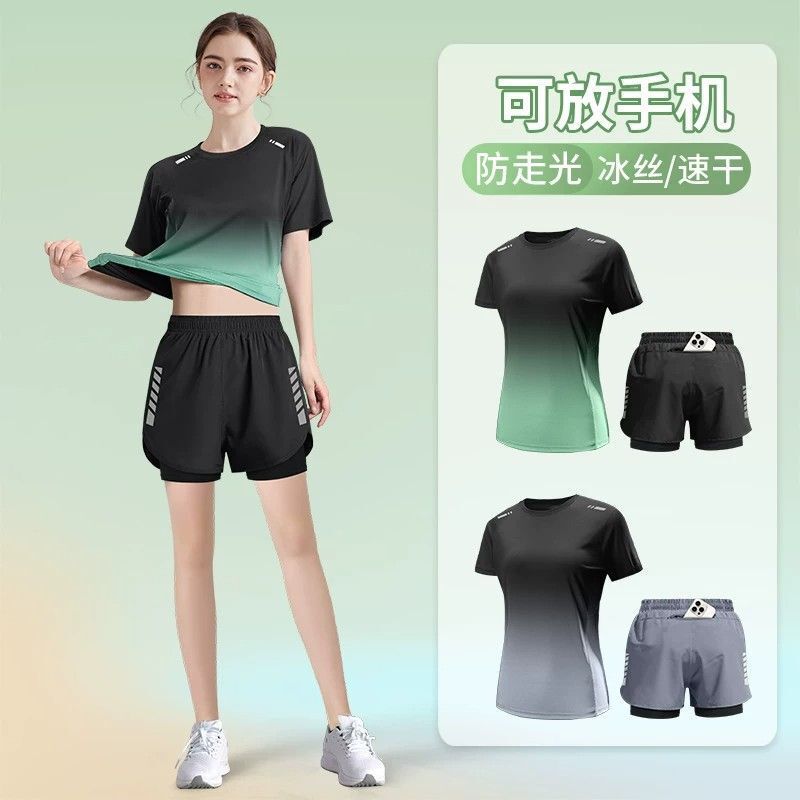 Running Sports Suit for Women, Summer Ice Silk Quick-Drying Clothing, Short-Sleeved Shorts, Large Size Yoga Fitness Clothes, 2026 New Style