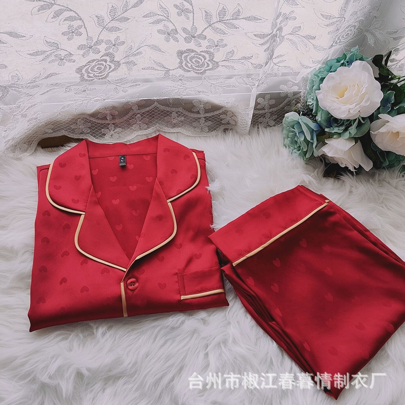 New Benmingnian Red Ice Silk Pajamas Female Bride Newlywed Couple Long Sleeve Loving Suit Groom Home Clothes for Men