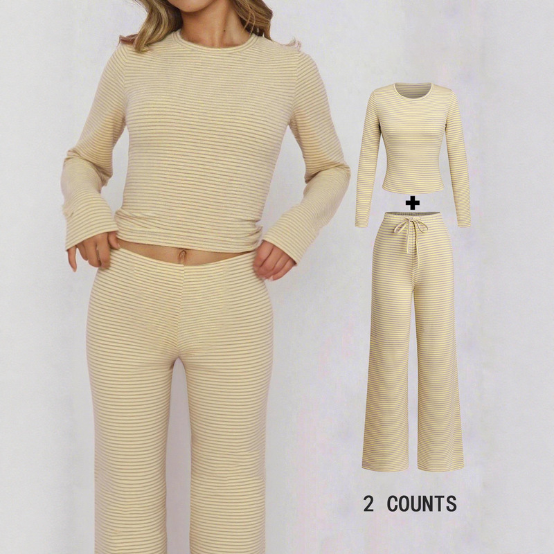 Cross-Border Amazon European and American Foreign Trade Autumn and Winter Casual Suit with Fine Stripes, Round Neck, Short Long-Sleeve Top, Drawstring Straight-Leg Pants