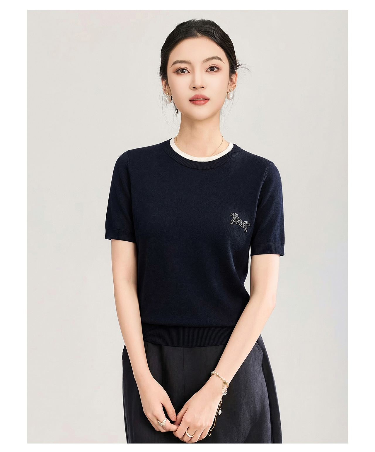 Áo thun dệt kim len merino giả hai lớp cổ tròn — màu xanh navy chi tiết 19