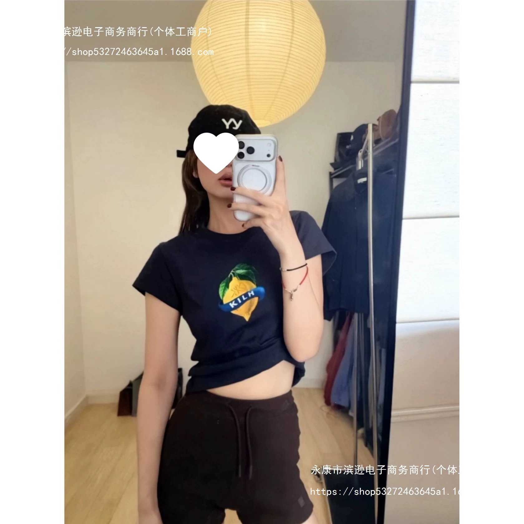 Original method of casual Kezhi O'Deer hair + feel round neck right shoulder short-sleeved shirt for women navy blue
