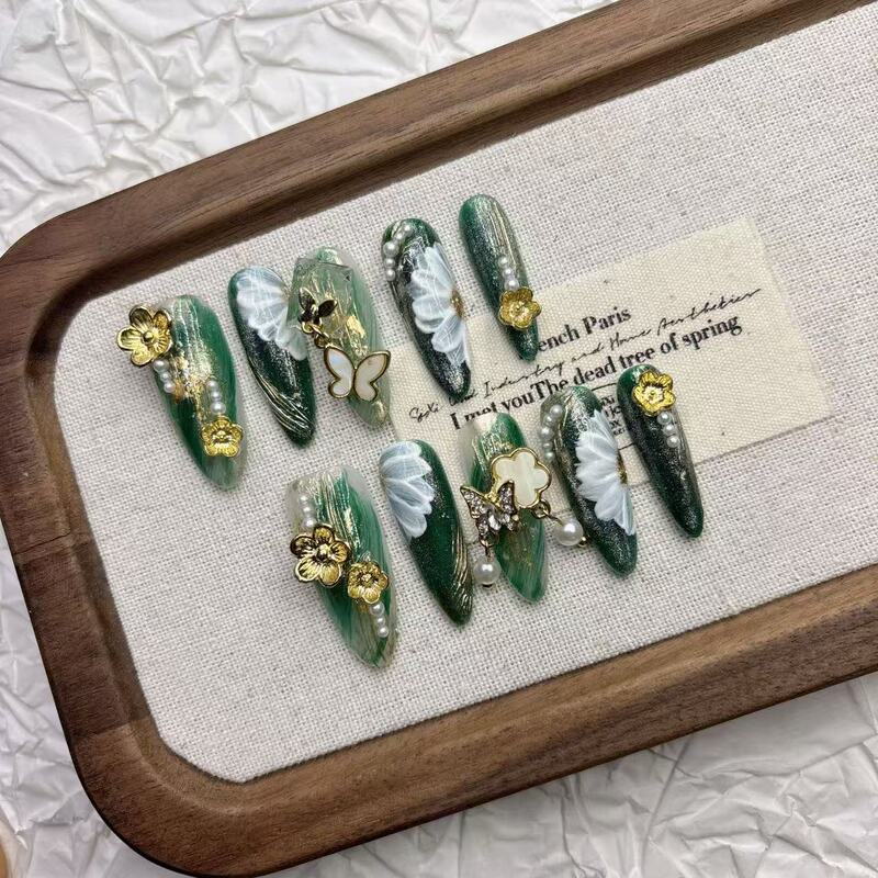 Green Hand-Painted High-Quality Boutique Manicure Cat-Eye French Real-Shot Nail Polish Finished Product One Piece Wholesale Pure Handmade Wearable Nails