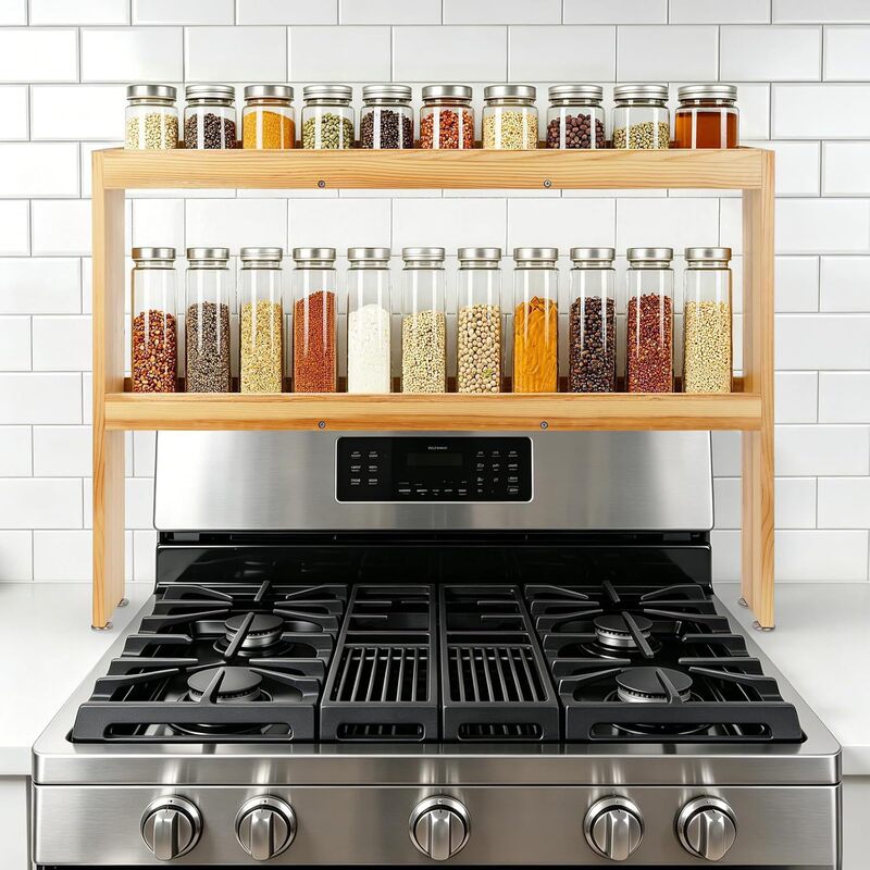 Wooden double-layer spice rack for stove top, kitchen countertop storage rack, household stove top seasoning storage rack, desktop coffee rack Wooden double-layer spice rack for stove top, kitchen countertop storage rack, household stove top seasoning storage rack, desktop coffee rack