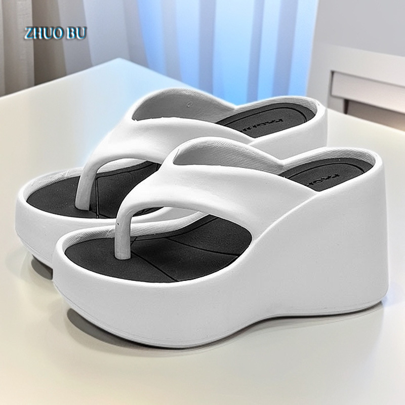 Summer Wedge-Heeled Slippers for Women, High-End Sandals, Thick-Soled Height-Increasing Shoes, High-Heeled Flip-Flops, Outdoor Wear Thong Sandals for Women
