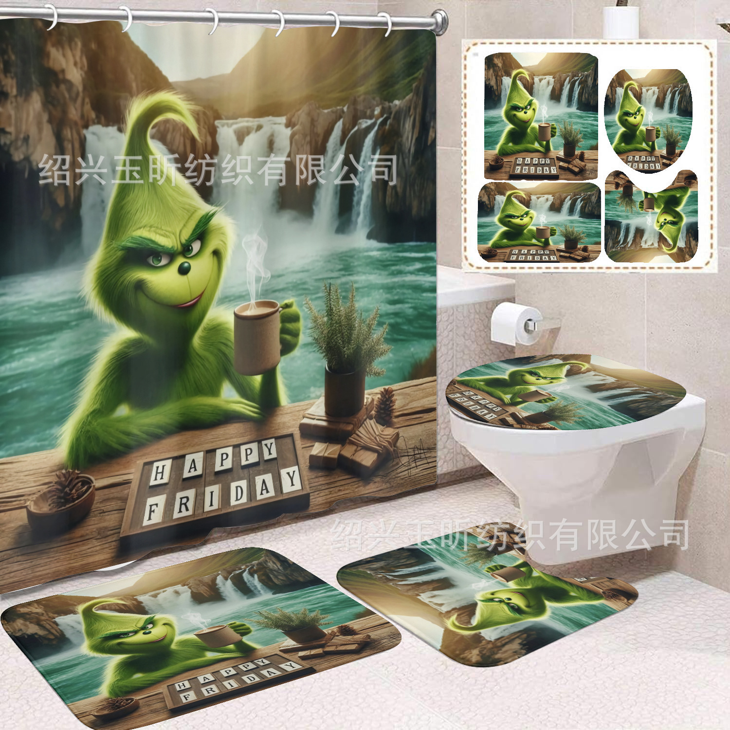 Tela de cortina de ducha transfronteriza, cortina de ducha impermeable, alfombra antideslizante de baño, juego de Grinch 4 de pelo verde al por mayor, sin perforación