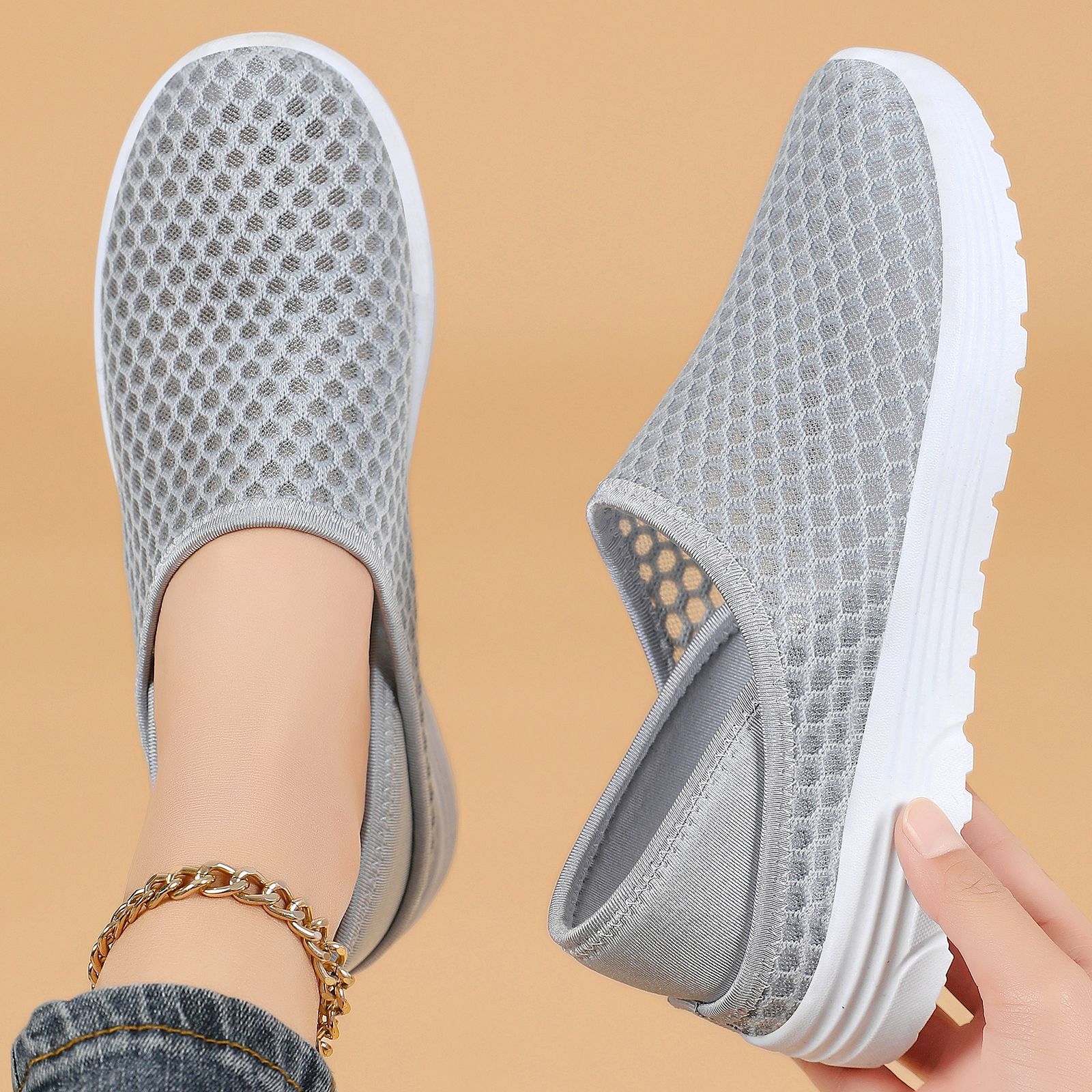 Zapatos de mujer, zapatos casuales, zapatos de mujer de tamaño grande transfronterizo, zapatos perezosos, zapatos de malla ligeros y transpirables, zapatillas de medio zapato