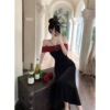 One shoulder mesh velvet waistband formal dress， fishtail skirt for women