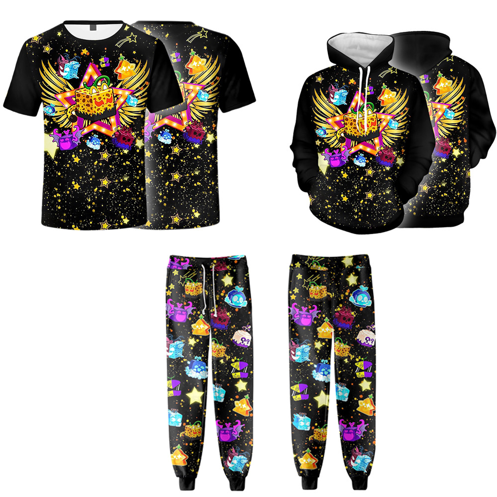 New cross-border hot-selling item: Blox Fruits game set, men's and women's sweatshirts, short-sleeved T-shirts, and pants.