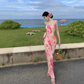 现货实拍印花抹胸褶皱显瘦度假性感纯欲系带连衣长裙