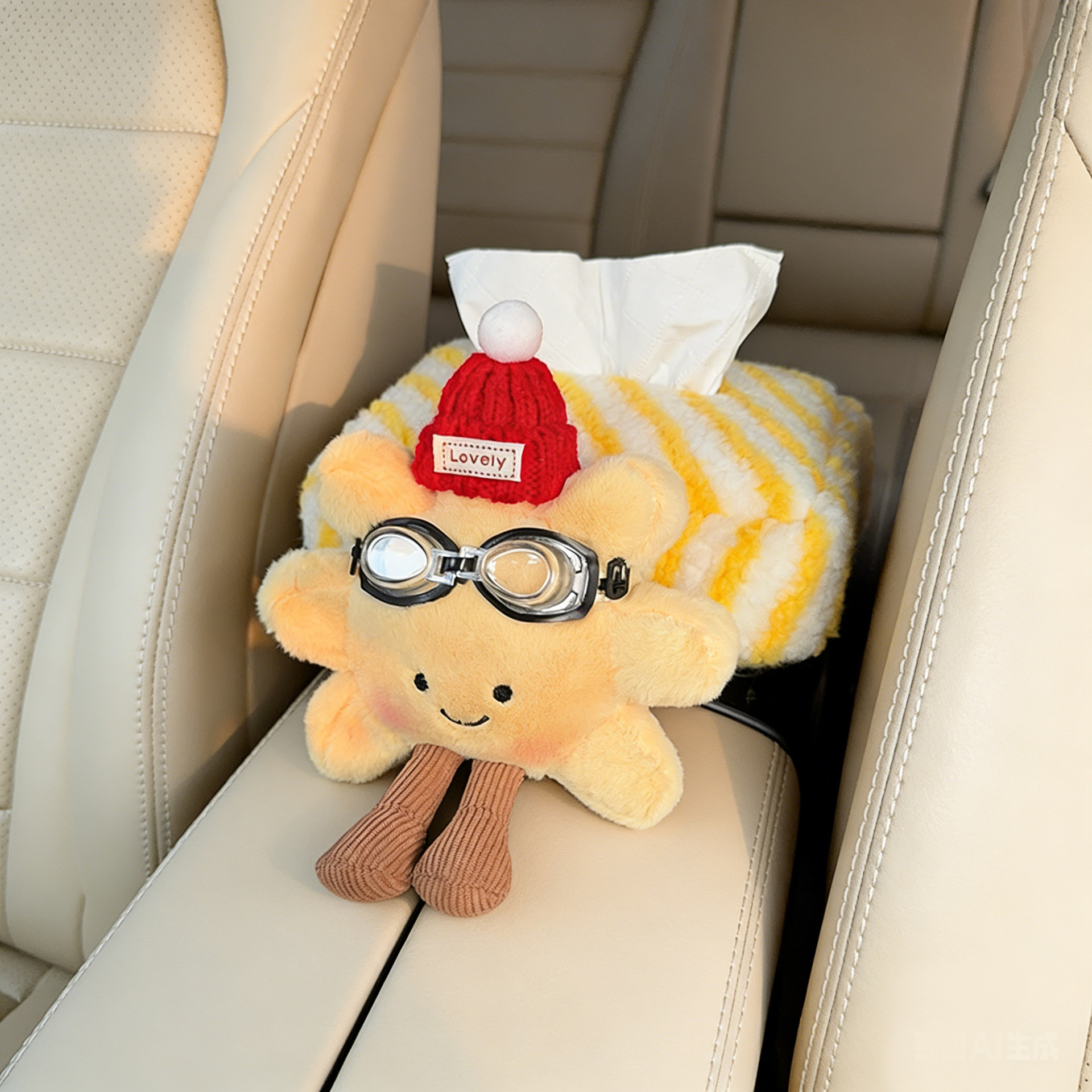Plush Sunflower Car Tissue Holder Creative Car Tissue Box Car Armrest Tissue Pack In-Car Tissue Box