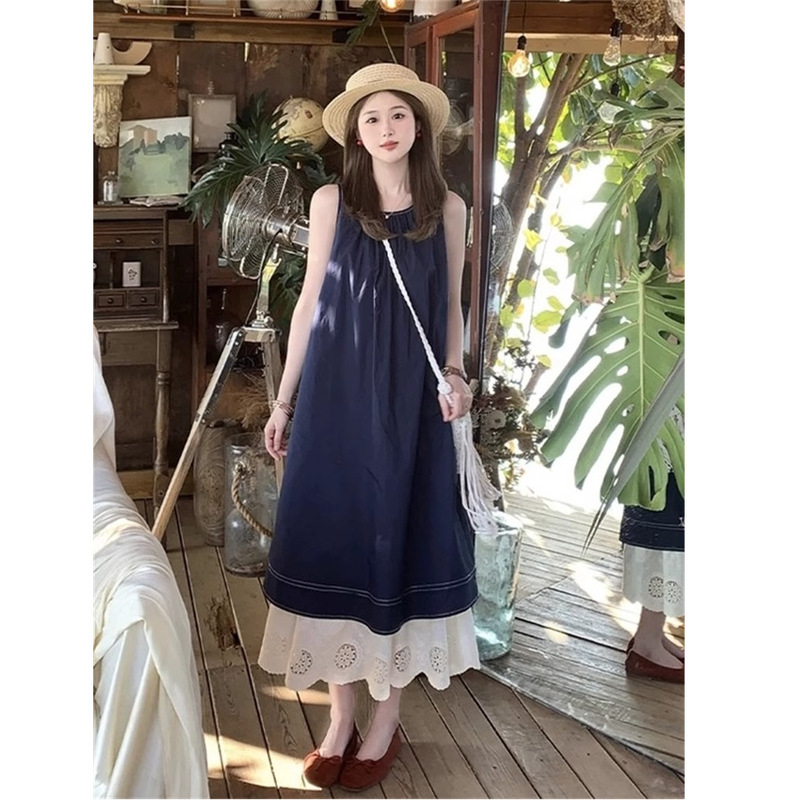 French Lace Splicing Fake Two-Piece Vest Dress Women's Summer New Loose A-Line Long Skirt Elegant One-Piece Skirt French Lace Splicing Fake Two-Piece Vest Dress Women's Summer New Loose A-Line Long Skirt Elegant One-Piece Skirt