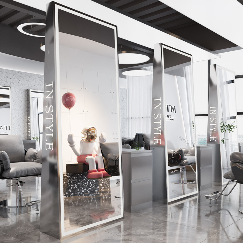 Barbería espejo salón especial espejo barbería piso corte de pelo red rojo doble cara con lámpara contra la pared escaldado espejo de marea