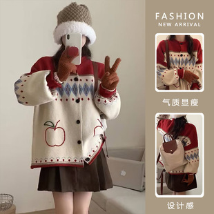 Pregnant Mothers Wear Maternity Clothing Autumn and Winter Retro Contrast Jacquard Knitwear Jacket Thickeneded Loose Christmas Knitwear