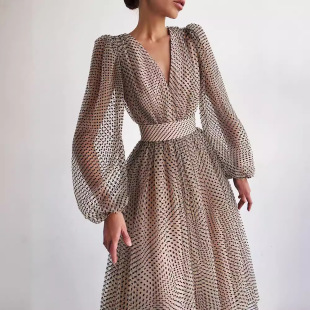 French ladylike polka dot V-neck dres�����䲨�c������V�B��ȹ