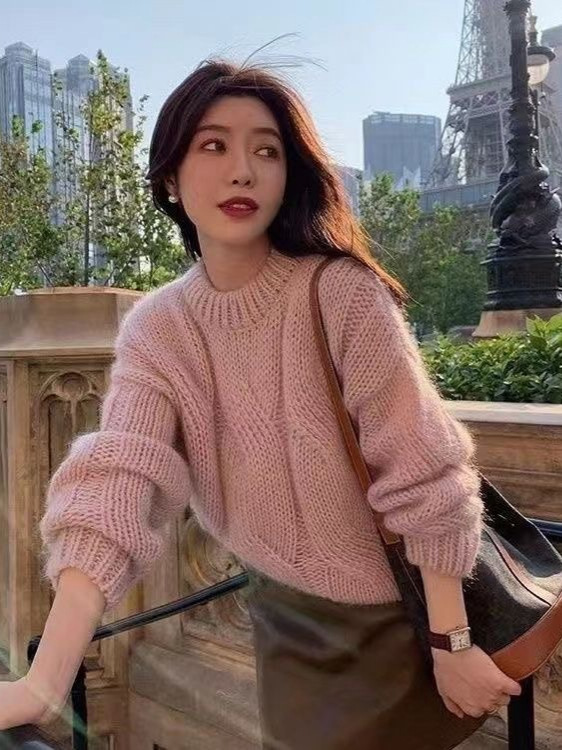 慵懒风麻花毛衣女冬韩式上衣长袖宽松显瘦圆领套头针织打底衫百搭|undefined