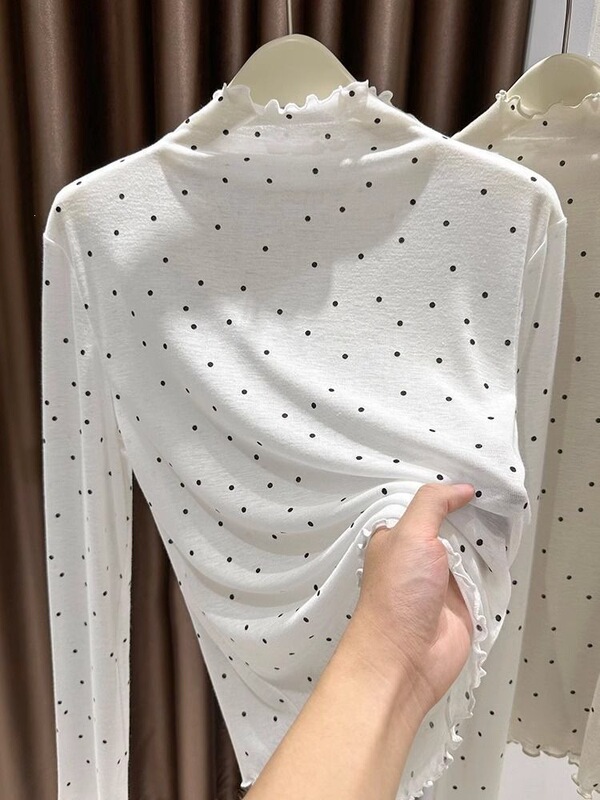 Smooth, Non-Itchy, High-End Tencel Polka Dot T-Shirt with Half-High Collar, Long Sleeves, Comfortable Base Layer for Women, Soft and Thin