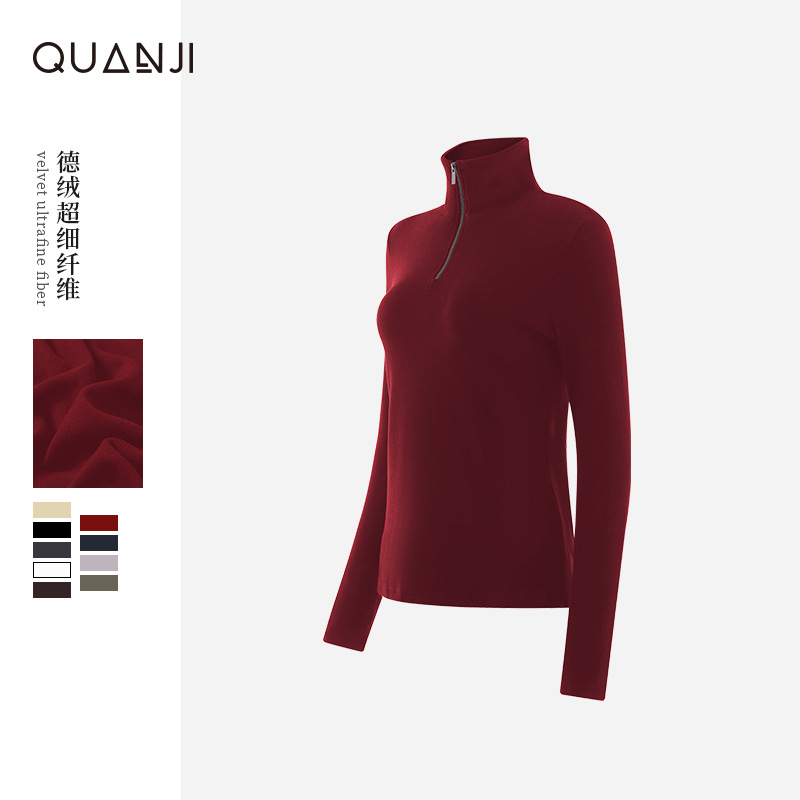 Women's Velvet Sweatshirt Autumn and Winter New Half Turtleneck Zipper Warm Slim Fit Versatile Long-Sleeved Pullover Top