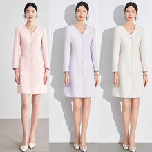艾尚臣高级感粉色连衣裙女2025早春新款气质法式名媛中长裙工作服