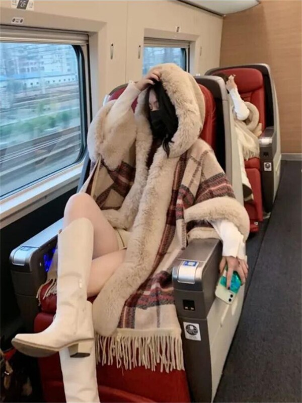 Autumn and Winter 2022 New Retro Plaid Shawl Design Sense Niche Furry Lazy Style Cape Coat Women