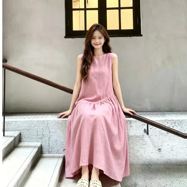 2026 Summer New Pink Cotton-Linen French Dress, Sleeveless Elegant Skirt, High-End Sleeveless Goddess Long Dress