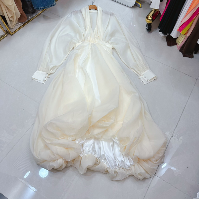 Australian Socialite's Deep V Neck Raglan Lantern Sleeve Waist-Cinching Long Dress Banquet A2 # 8518